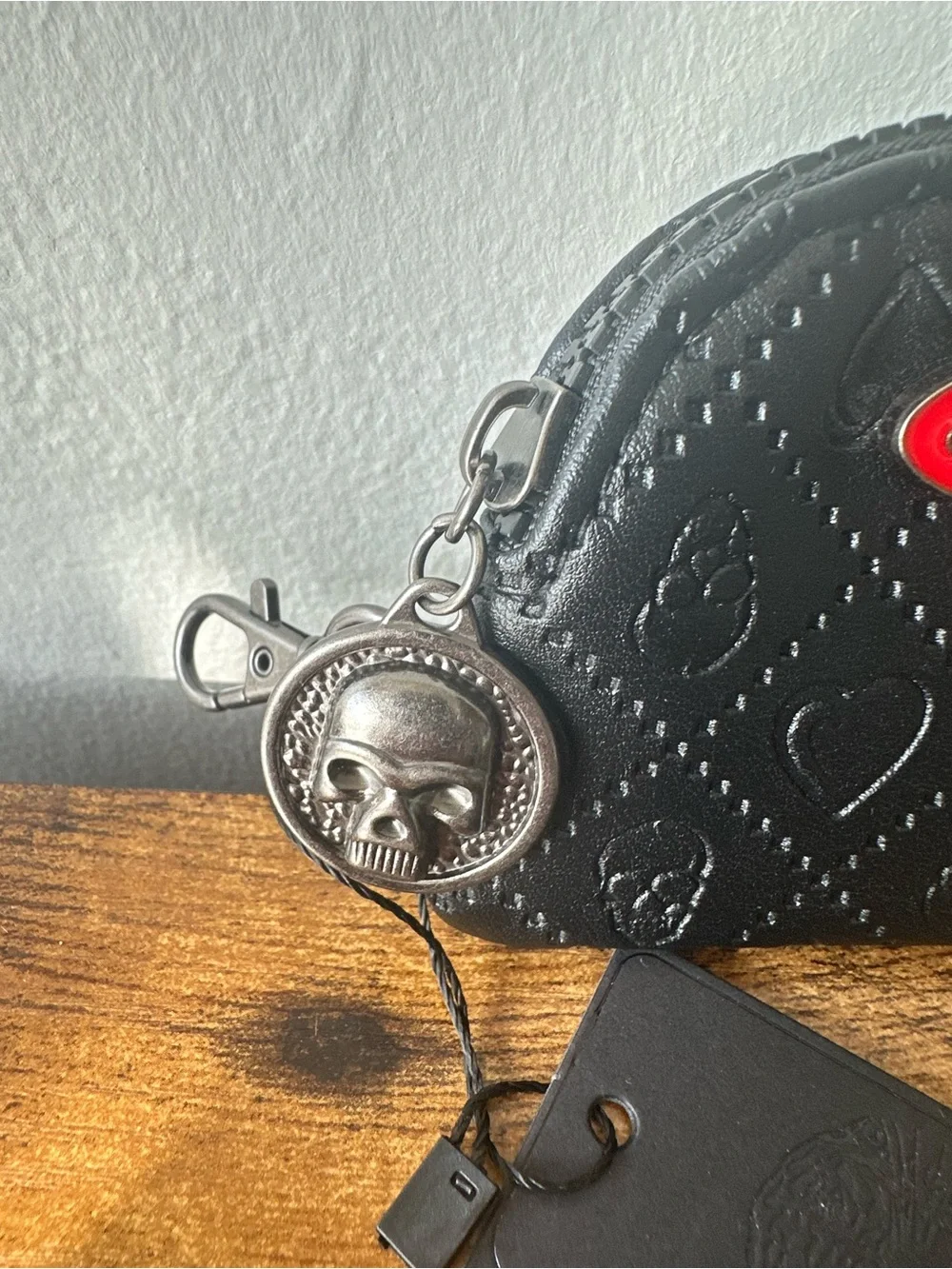 Ed Hardy Black Faux Leather Skull Embossed Coin Pouch Bag Charm Keychain NWT